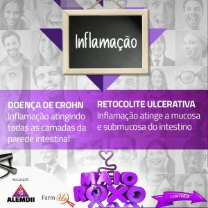 O slide traz o tema "Inflamação". O texto diz: "Doença de Crohn - inflamação atingindo todas as camadas da parede intestinal. Retocolite Ulcerativa - inflamação atinge a mucosa e submucosa do intestino".  No rodapé esquerdo a palavra “realização” seguida do logotipo da ALEMDII e da Farmale. No centro o sticker MAIO ROXO.