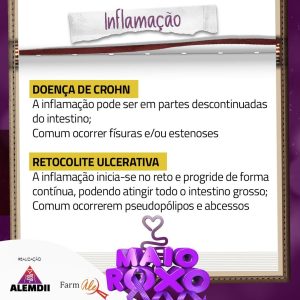 O slide traz o tema "Inflamação". O texto diz: "Doença de Crohn - a inflamação popde ser em partes descontinuadas do intestino; comum ocorrer fisuras e/ou estenoses. Retocolite Ulcerativa - a inflamação inicia-se no reto e progride de forma contínua, podendo atingir todo o intestino grosso; comum ocorrer pseudopólipos e abcessos".  No rodapé esquerdo a palavra “realização” seguida do logotipo da ALEMDII e da Farmale. No centro o sticker MAIO ROXO.